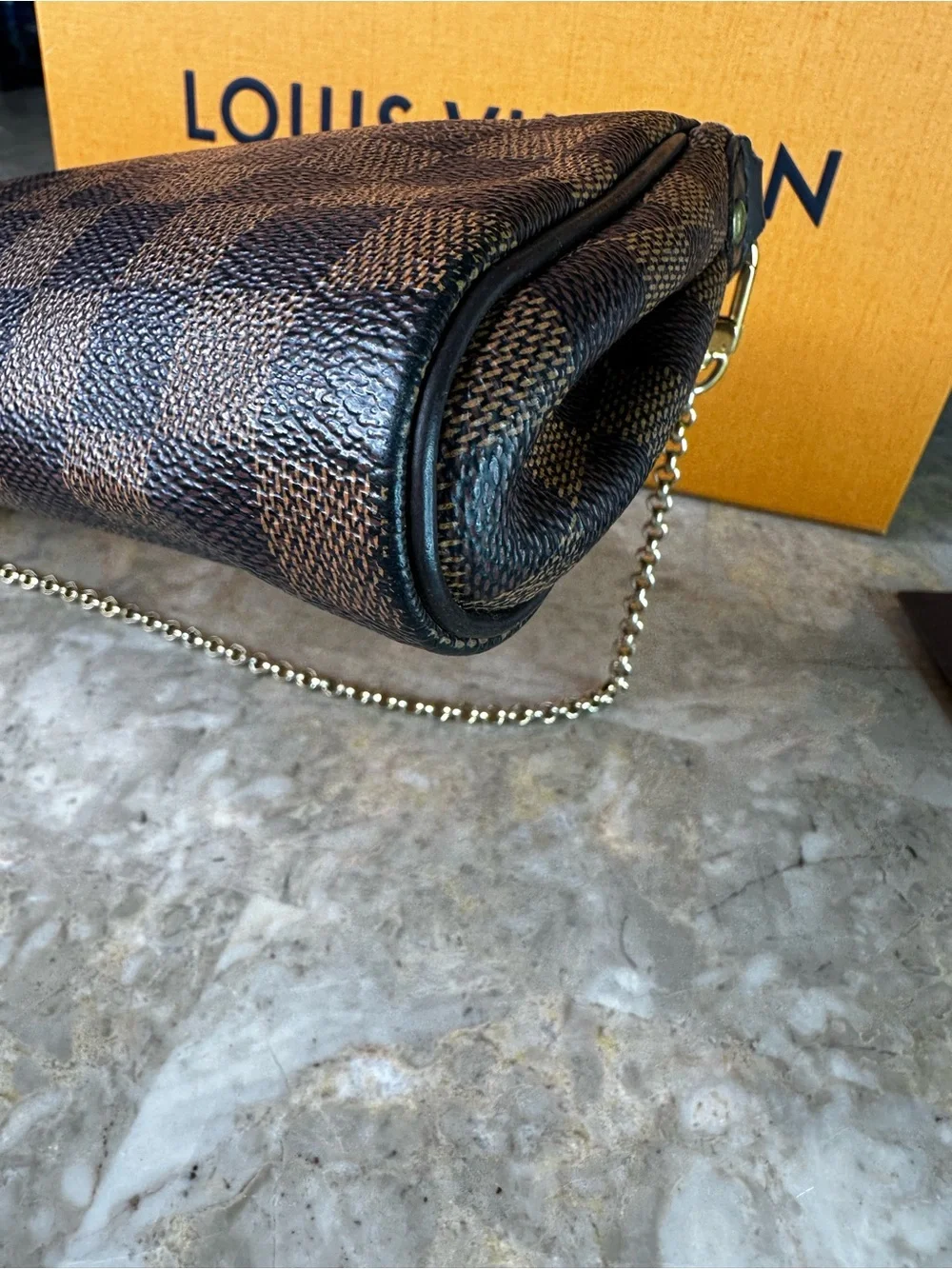 Louis Vuitton Damier Ebene Pochette with Gold Plate and Chain